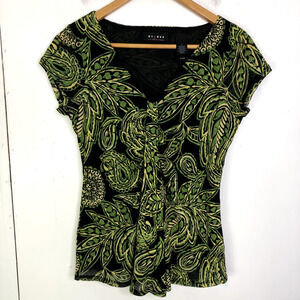Axcess Top Womens M Ruched Front Paisley Green Fairy Grunge Y2K Sheer Sleeves